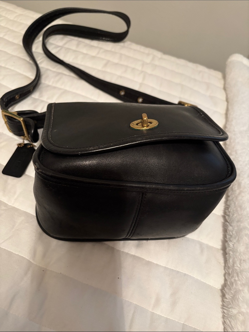 Coach Black Leather Turn-Lock Crossbody with Gold Hardware
